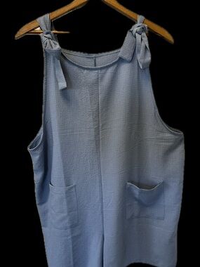 Light Blue Textured Tie-Shoulder Jumpsuit Romper